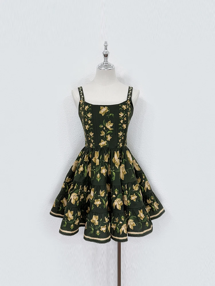 Spring Summer Fashion Party Vintage Floral Print Elegant Mini Dress Women's Spaghetti Strap High Waist A-Line Flounces Hem Dress