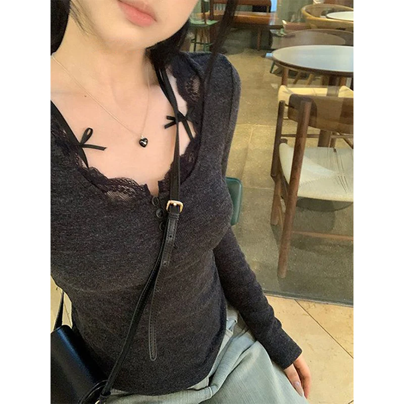 Y2K Cropped T Shirts Women Streetwear Sexy Lace Patchwork Crop Tops Fall Winter Korean Fashion Grey Long Sleeve Slim Tees New