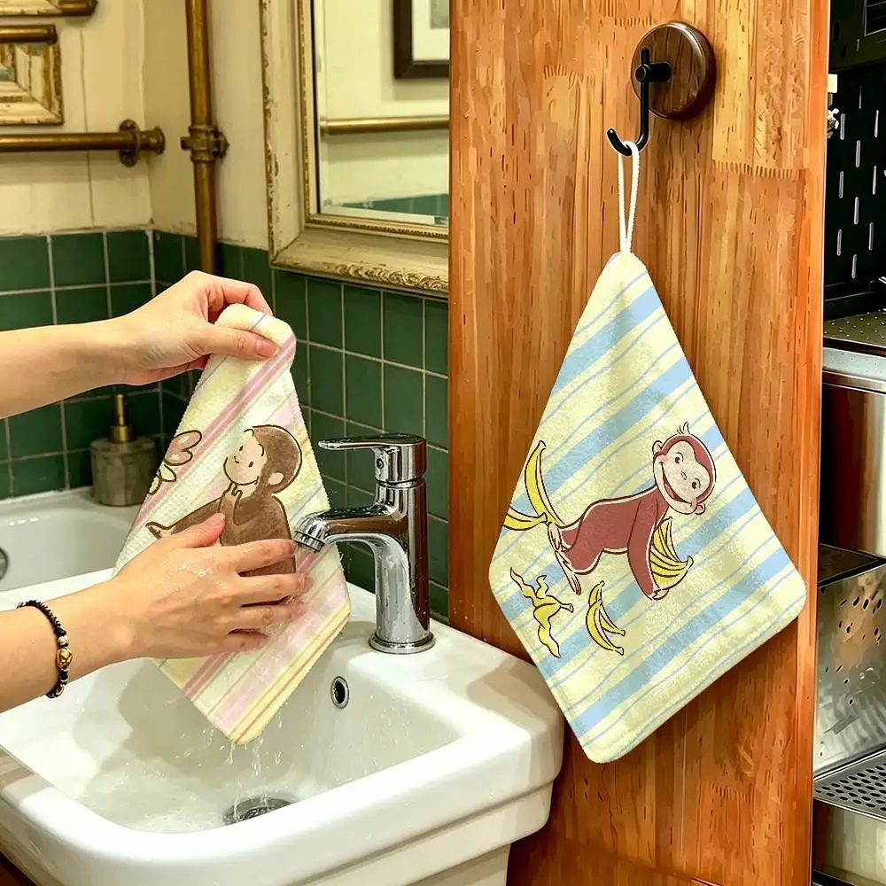 MONKEY CARTOON C-Curious GeorgeS Multi-scene Polyester Cotton Towel, Hanging Hand Wiping Cloth for Kitchen Bathroom Hotel