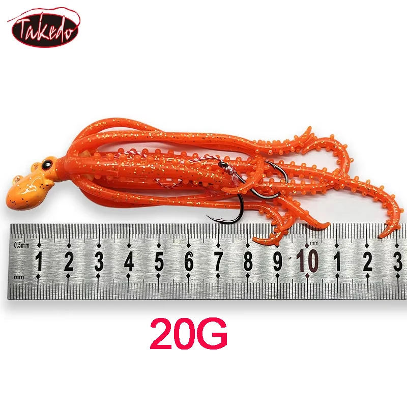 TAKEDO 20G Octopus Lure Sea Fishing Jig Head Bait TPR Octopus Skirt Soft Lures Trolling Luminous  Artificial Bait For Bass Tuna