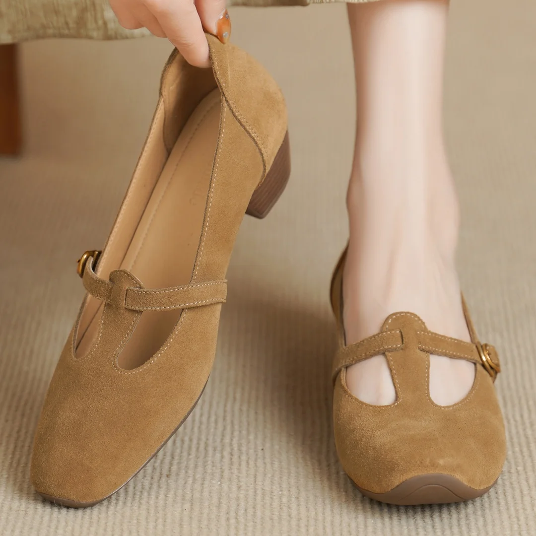 

Женские туфли-лодочки danxuefei из натуральной замши с узким ремешком и Т-образным вырезом, на толстом среднем каблуке 4 см, в стиле OL, повседневные туфли на каблуке, размер 40