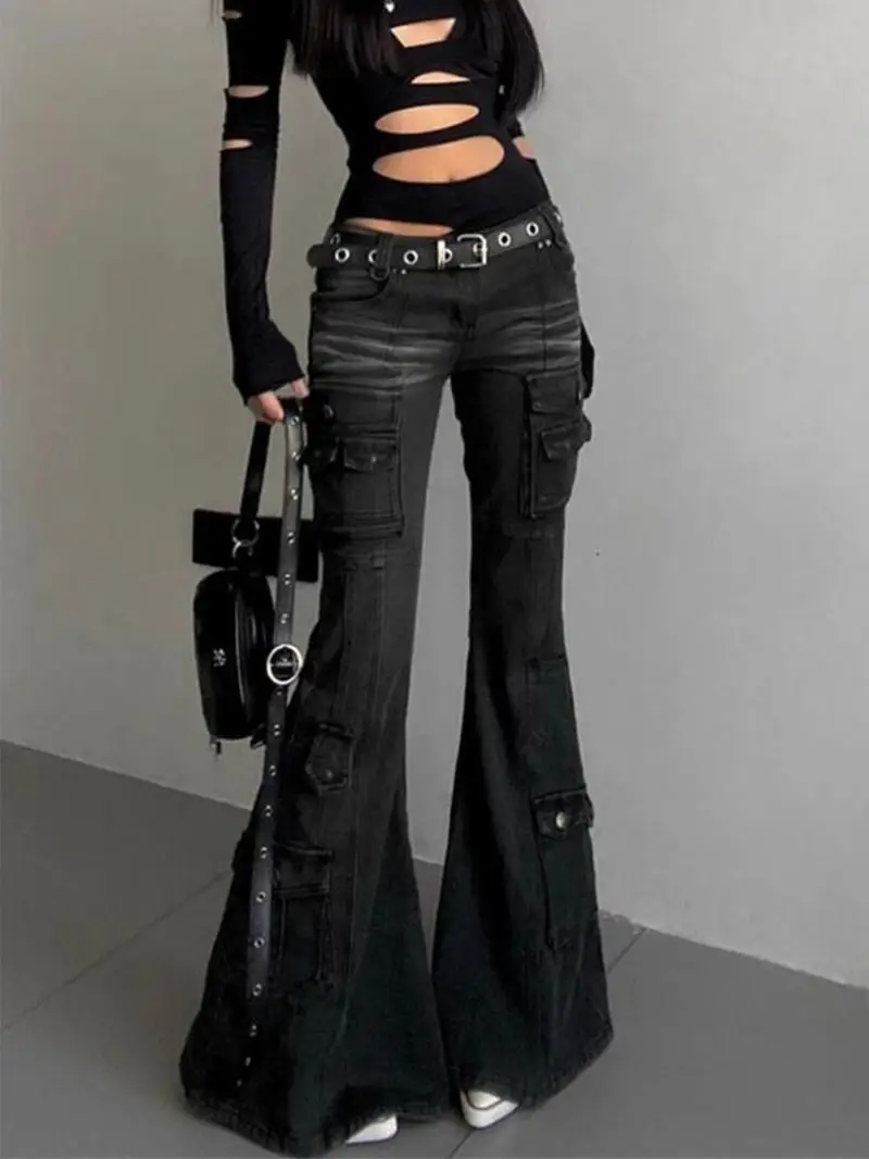 

Женские джинсы-клеш с низкой талией, облегающие, в пол, с множеством карманов, в стиле Y2K, для лета, повседневные брюки