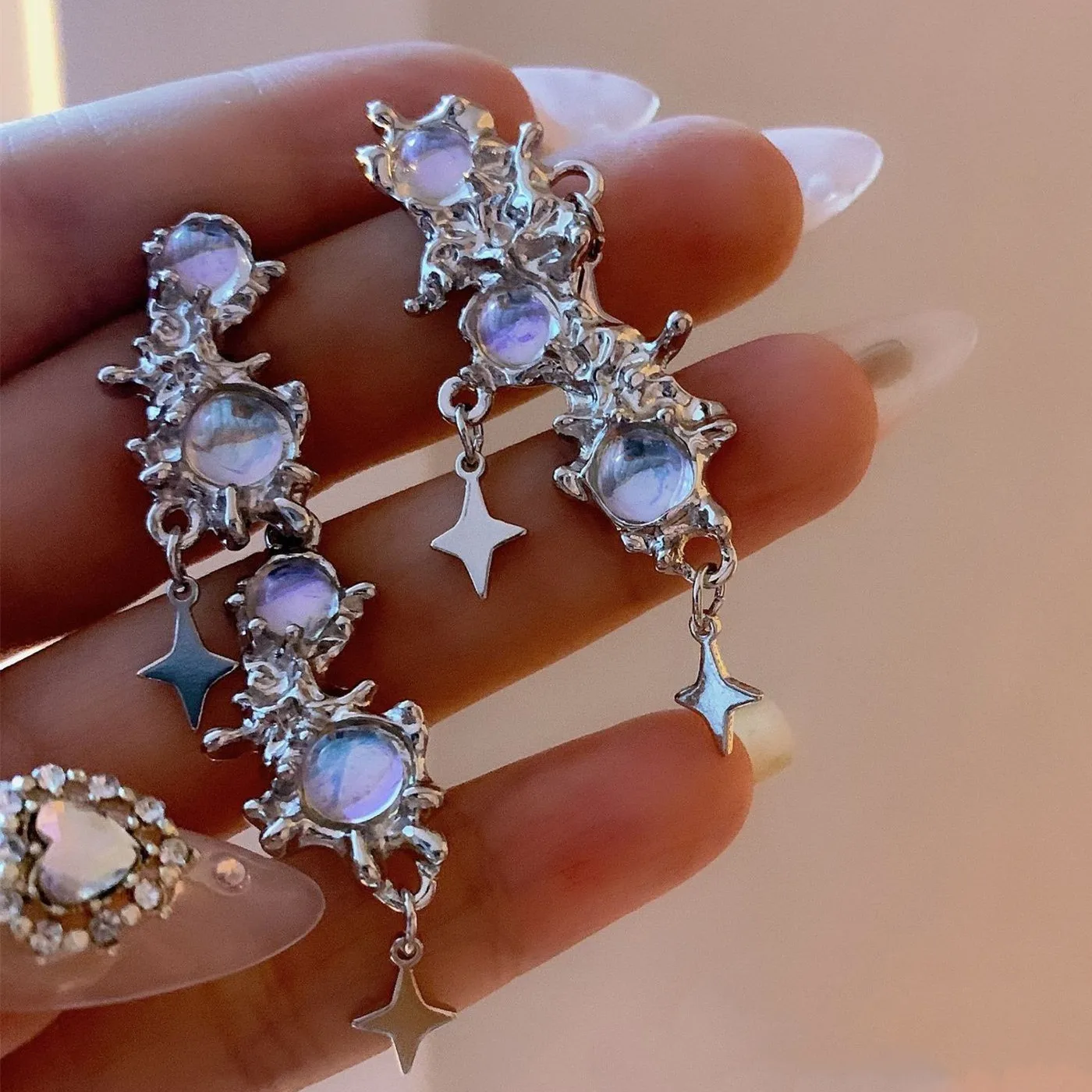 Vintage Moonstone Star Earrings for Women Temperament Stelliform Irregular Cross Drop Earings Egirl Elegant Y2K Jewelry 90s