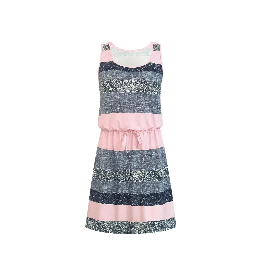 2025 Amazon vestido listrado transfronteiriço sem mangas moda feminina casual com decote em U e ombro de fora saia suspensa cw29194