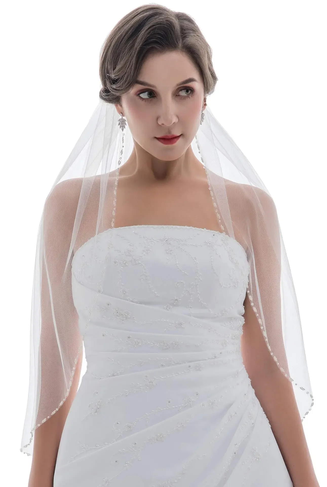 

1T 1 Tier Pearl Crystal Beaded Edge Bridal Wedding Veil
