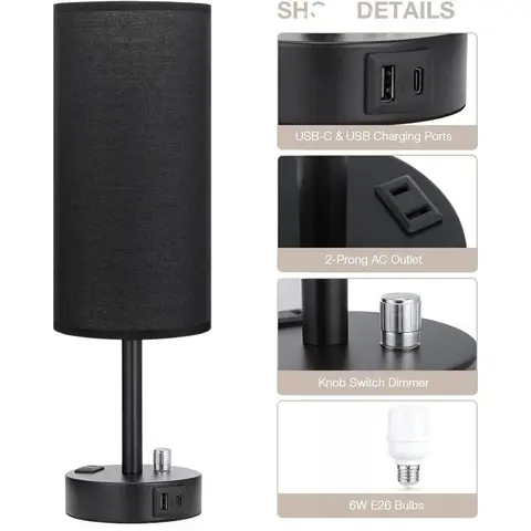 बेडरूम के लिए काला बेडसाइड लैंप, USB A + C चार्जिंग पोर्ट के साथ टेबल लैंप, 3 रंग तापमान, बल्ब के साथ पूरी तरह से मंद डेस्क लैंप 8 best sales काला टेबल लैंप - №3