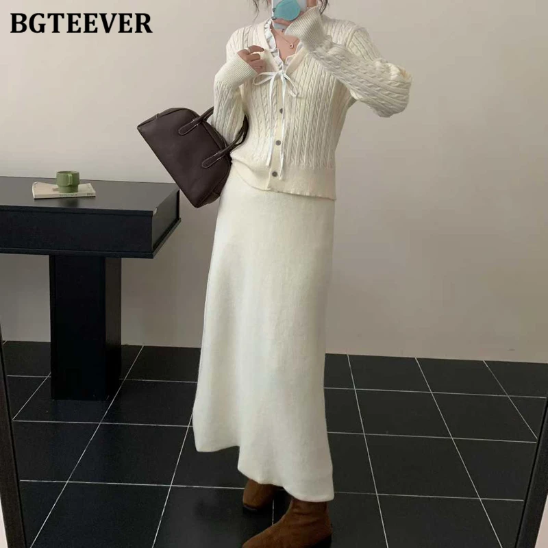 BGTEEVER Elegante dames gebreide 2-delige rokset V-hals Single-breasted strikvesten Truien en A-lijn rokken Damesoutfits