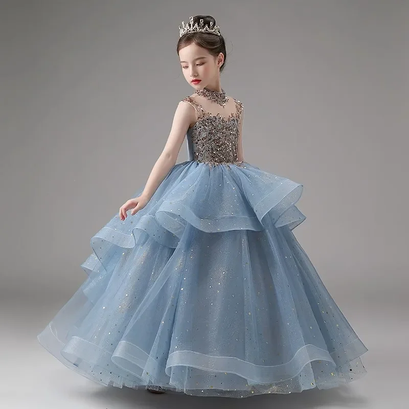 Little Girls Princess Party Ball Gown Kids Puffy Tutu Sequin Evening Cocktail Dress bambini School Graduation Long Prom Dresses