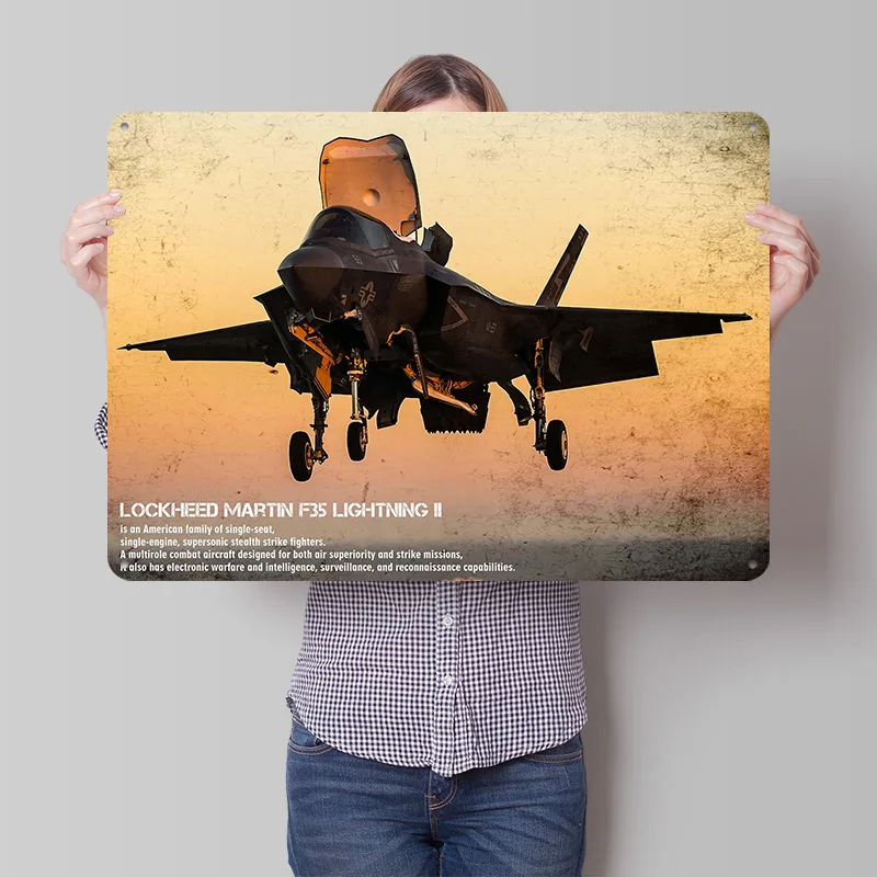 F-35 Lightning II Fighter Jet 3D Texture Metal Poster Customized Wall Art Tin Sign Gift for Mancave Home Decorations Decor Room