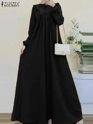 ZANZEA-Vestido de manga larga con cuello redondo para mujer, de Color liso prenda elegante, informal, Abaya, caftán, de gran tamaño, para fiesta