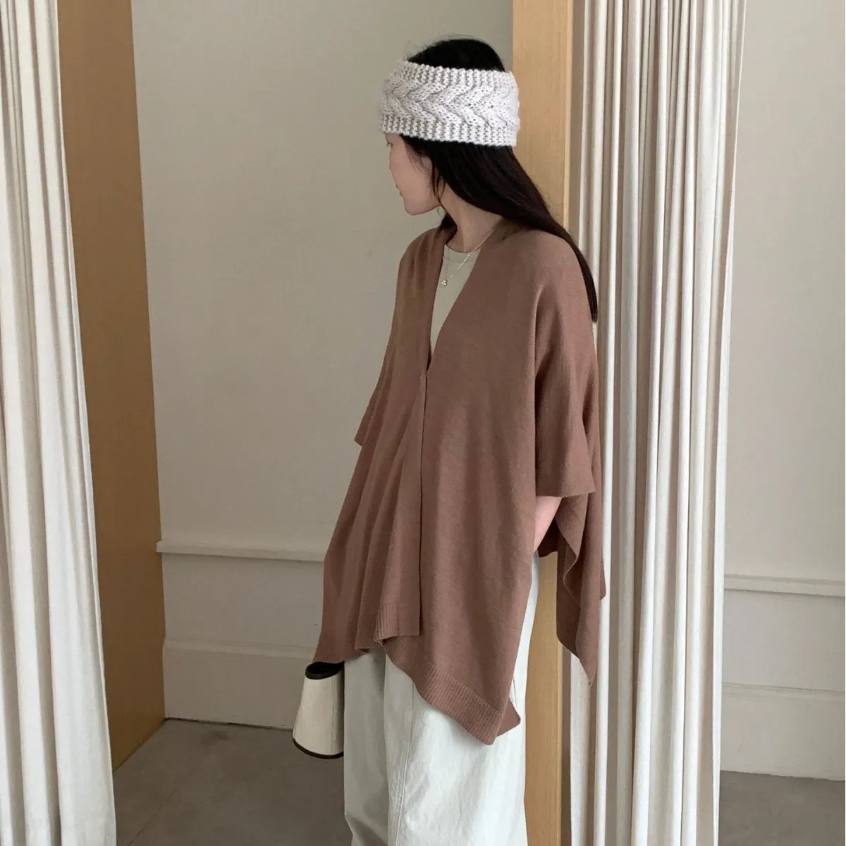 Women Solid‑Color Knit Button Shawl Cape Loose Versatile Cardigan Outerwear for Air‑Conditioned Room Autumn Winter Daily Outfits