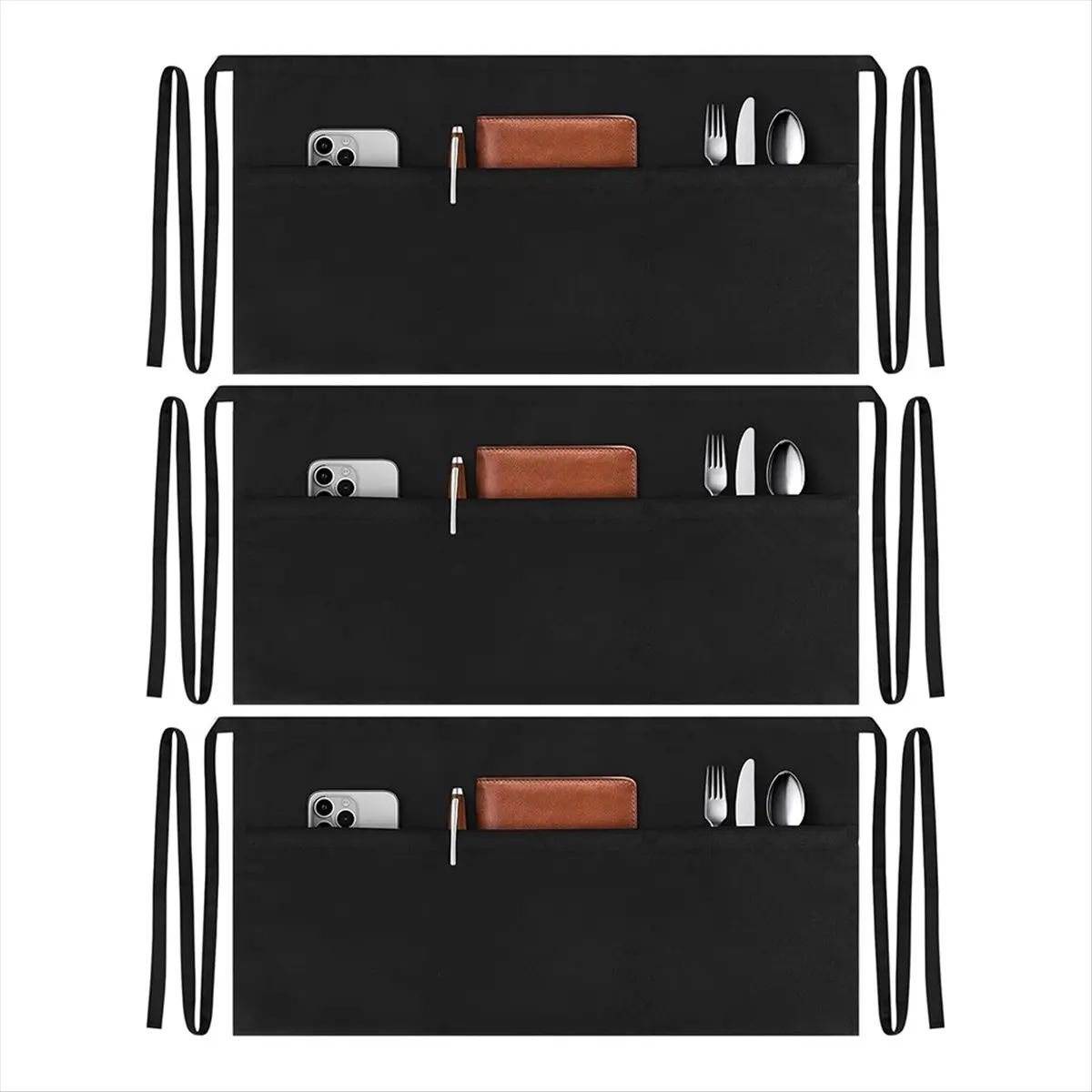 REST 3 Pack Server Aprons with 3 Pockets, Water Oil Stain Waitress Waiter Apron Black Waist Aprons Bistro Apron for Women Men