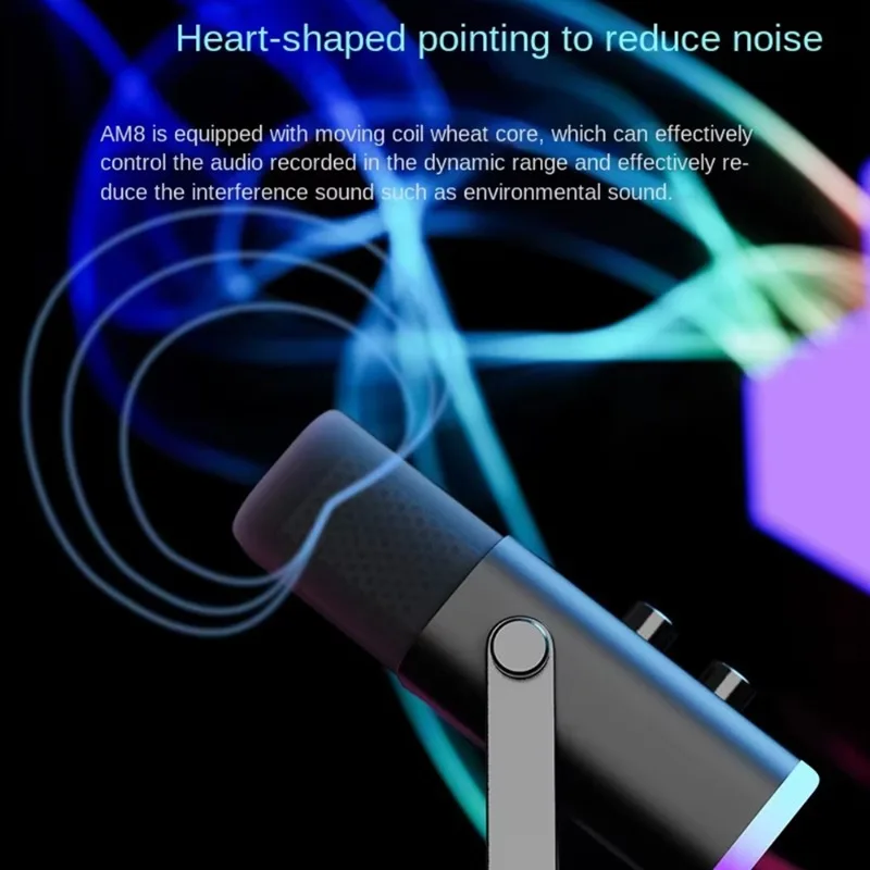 Проводной настольный микрофон AM8, динамический микрофон для записи подкастов, регулируемый многоцветный игровой микрофон с RGB-подсветкой