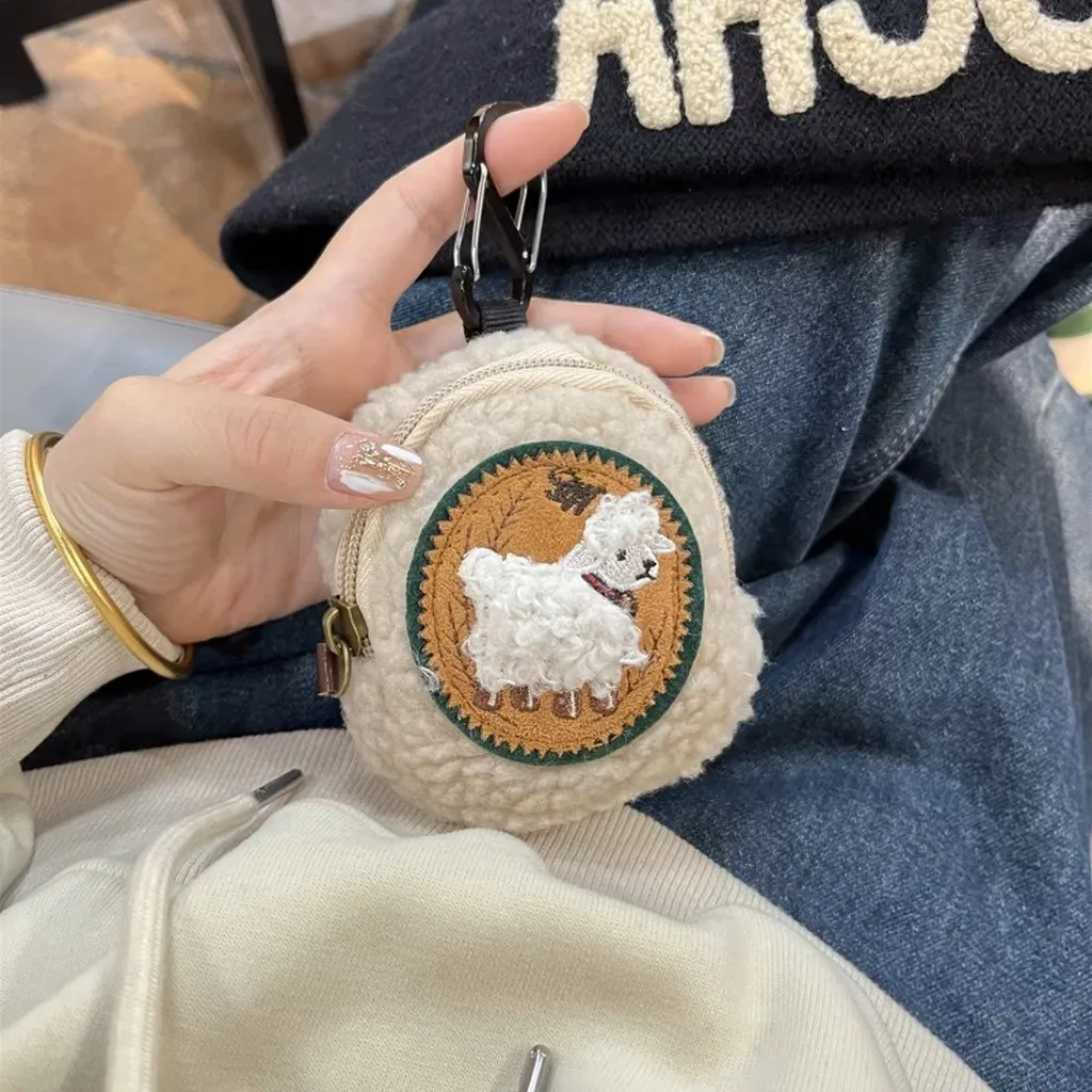Portable Coin Purse Water-Resistant Lamb Embroidered Pouch Mini Earbuds Pouch Minimalist Urban Shearling Coin Purse For Casual
