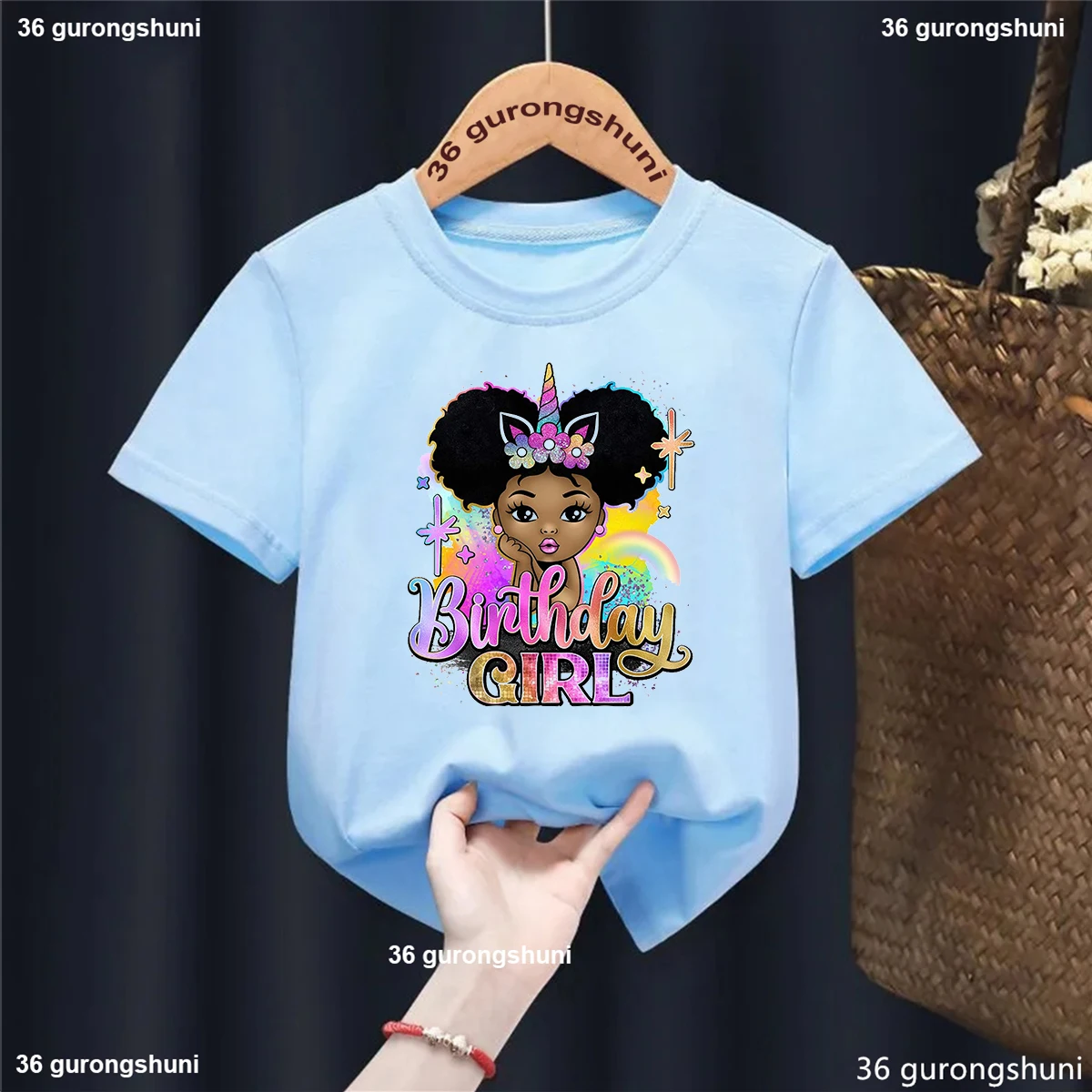 

Black Girl Magic Afro Princess, Afro Puff Hair Happy Birthday Girls T-Shirt Unicorn Black Girls Birthday Gift Tshirt Blue Tops