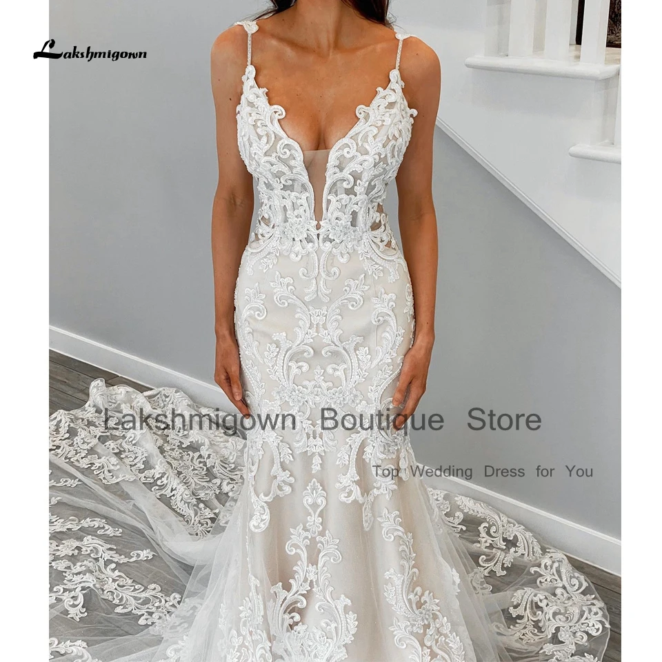 Lakshmigown Civil Lace Boho Wedding Dress Mermaid Style Vestidos De Novias 2023 Plunging Sexy Bridal Gowns Open Back