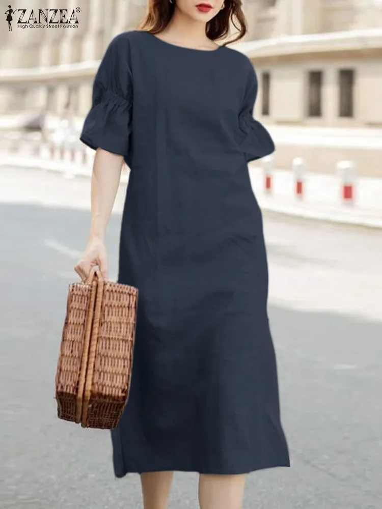 Women Elegant O Neck Short Sleeve Party Dress Solid Casual Mid-calf Vestido Work Robes Femme 2024 ZANZEA Fashion Summer Sundress