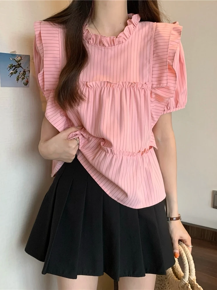 Slimming Short Sleeve Blouse Women Summer Fashion plus Size Conceal Belly Beautiful Design Sensation Doll Shirt Top