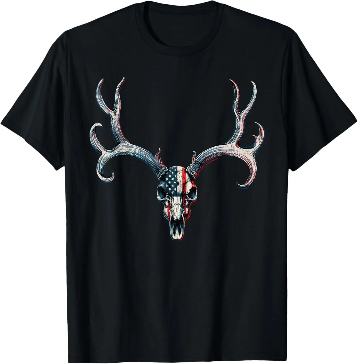 Mule Deer Hunting - American Flag on Buck Skull T-Shirt