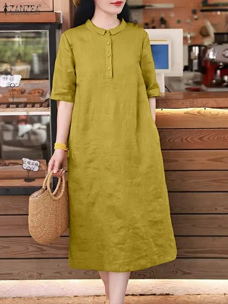 Sukienka damska ZANZEA na lato 2025, elegancka sukienka midi z krótkim rękawem, z kołnierzykiem, w jednolitym kolorze, stylowa sukienka do pracy w stylu OL, codzienna sukienka zapinana na guziki.