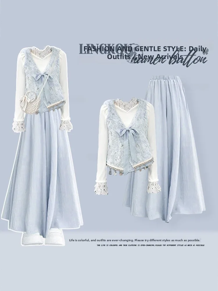 

Large Size Autumn College Style Set Women's Beautiful Lace Knot Vest Base Shirt Casual Pants Three Piece Set