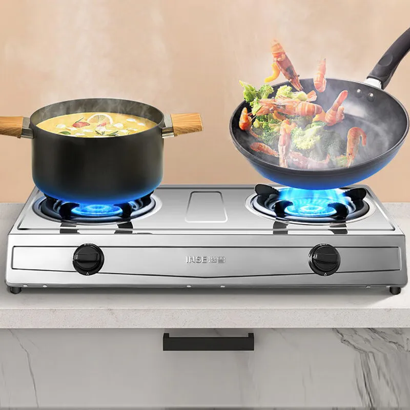 Double Burner Gas Stove with Stainless Steel Table Top 4.8kW Strong Flame and Flameout Protection for Home T1502