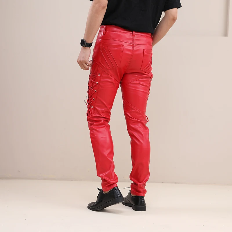 Fashion Skinny Leather Pants Faux Red Joggers Motorcycle Party NightClub Trousers For Men With Strings