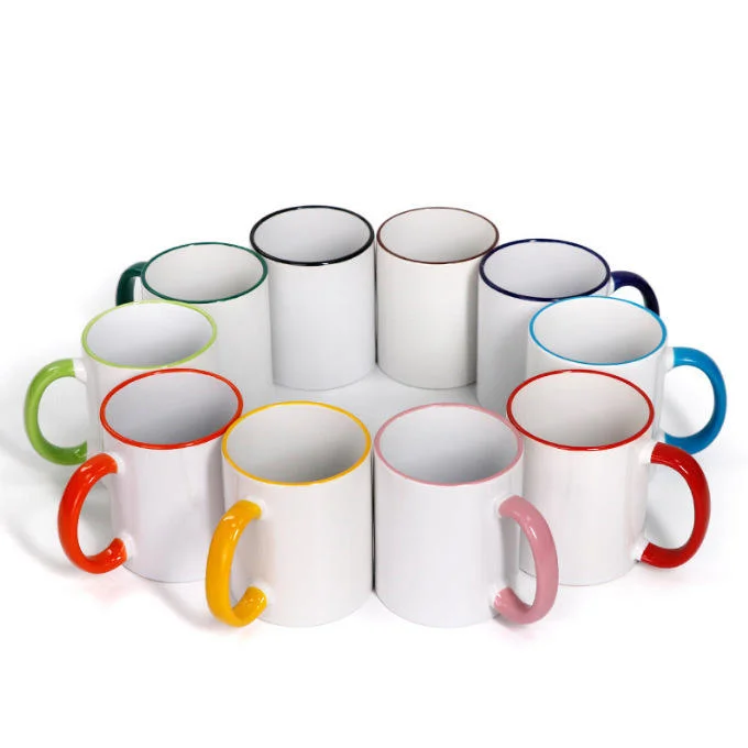 SCCFMM 3Pcs 11OZ Ceramic Sublimation Blank Mugs, Color Handle DIY Logo Image Print Coffee Tea Cup, Foam Box Package Minimalist