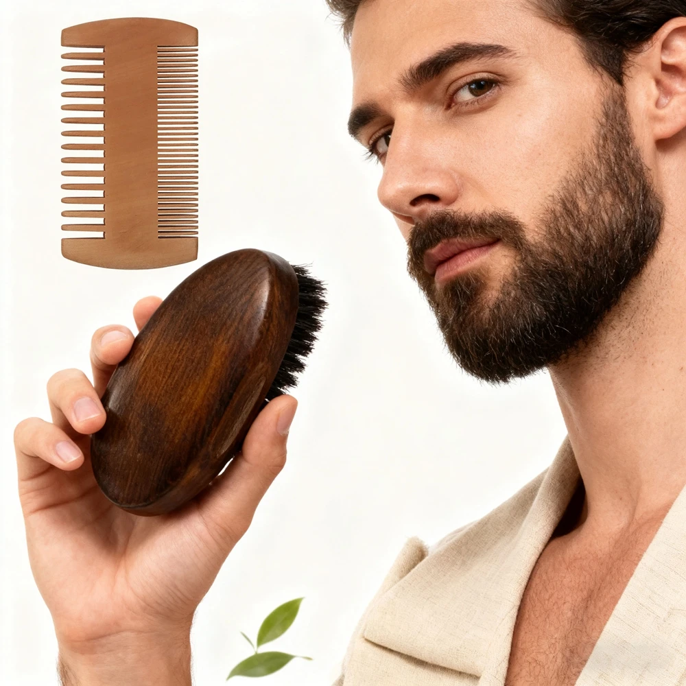 Premium Walnut Wood Beard Brush with Pear Wood Comb for Men - 2-in-1 Bristle & Nylon Bristles Mustache Comb Hair Comb