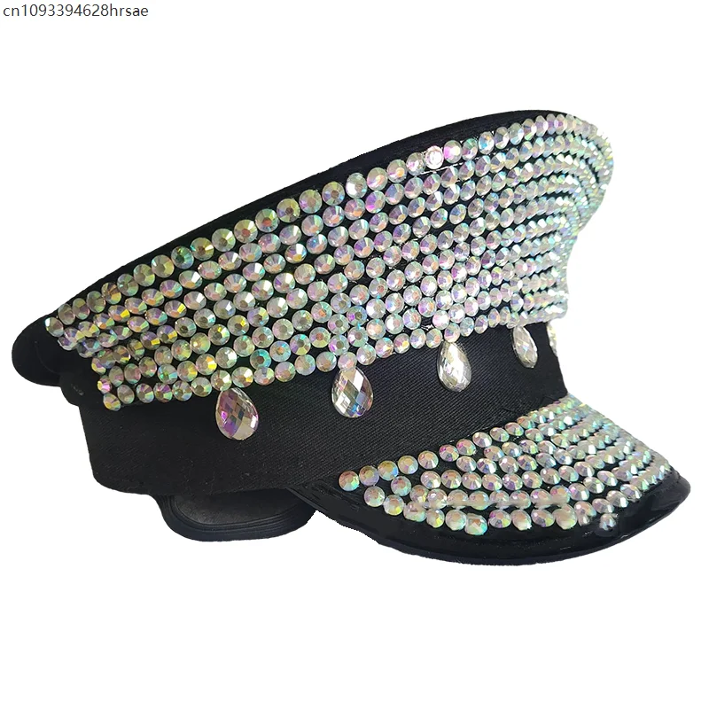 Cappello militare con strass scintillanti con paillettes Novità Cappello da sergente lucido Berretto da capitano Cappellino piatto da carnevale per feste Berretto da prestazione