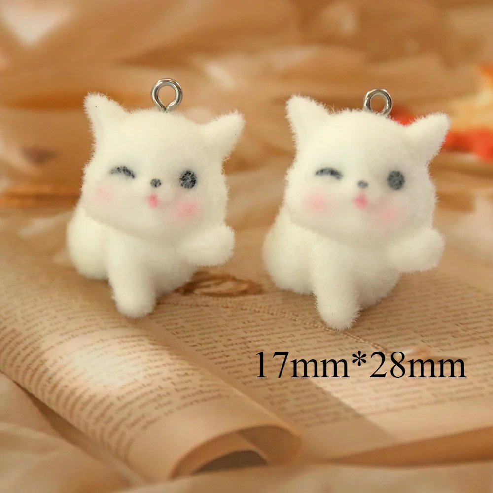 

30PCS Cat Flocking Resin Pendant Cute 3D Fluffy Flocked Animal Charms Dolls For Necklace Earrings Keychina DIY Jewelry Making