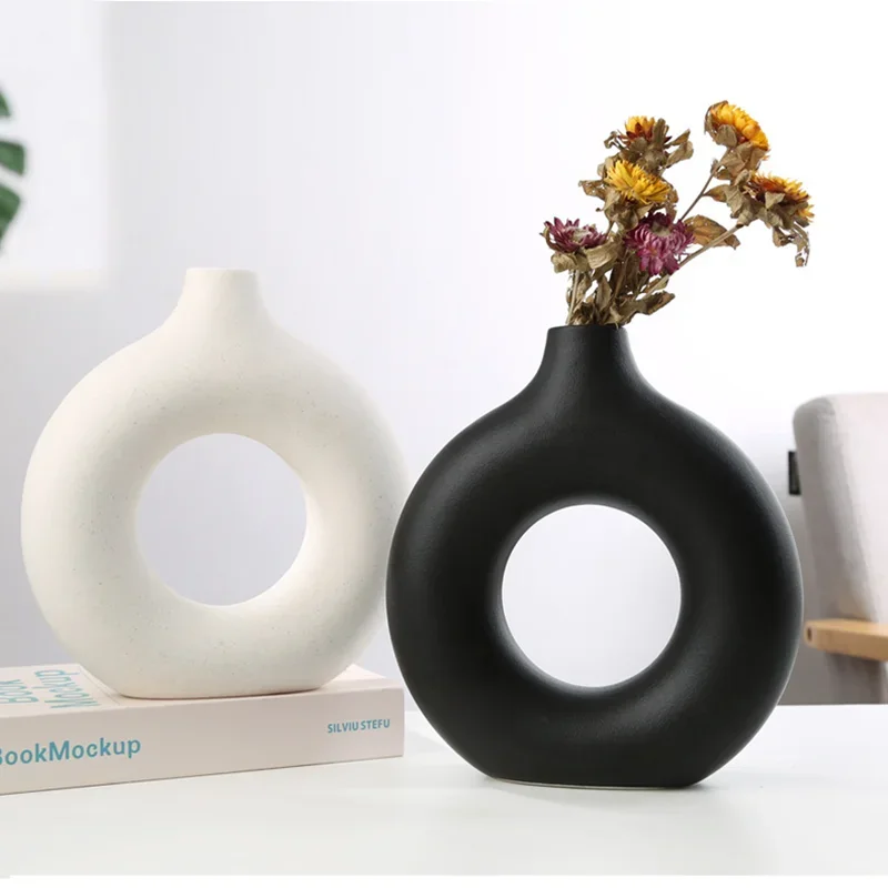 

Nordic Circular Hollow Vase Ceramic Flower Pot Home Decoration Accessories Office Living Room Tabletop Vases Interior Decor