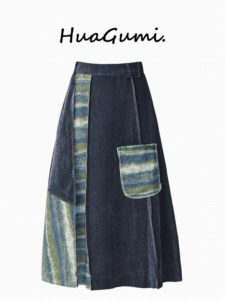 

Women Denim Skirt Y2k Emo 2000s Clothes Long Skirt Harajuku Korean 90s Fashion Vintage Gradient A-line Jean Skirt Grunge Clothes