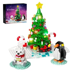 MOC New Years Winter Christmas Tree Building Blocks Set Lighting Penguin Snowman Santa Claus Bricks DIY Toys Children Xmas Gifts