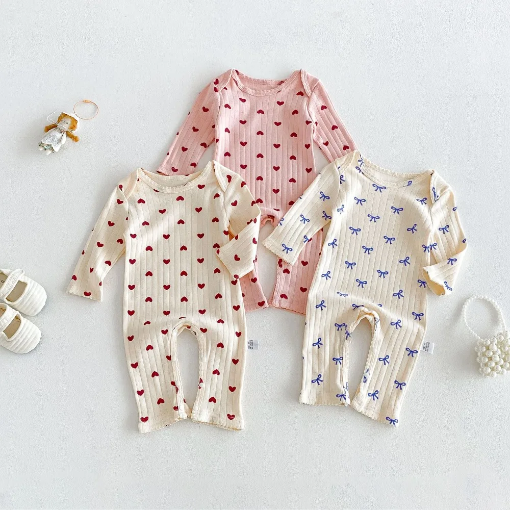 INS Autumn Newborn Baby Romper 0-2Years Cute Boy Girl Long Sleeve O-Neck Heart Pattern Cotton Jumpsuit Outfits Clothes