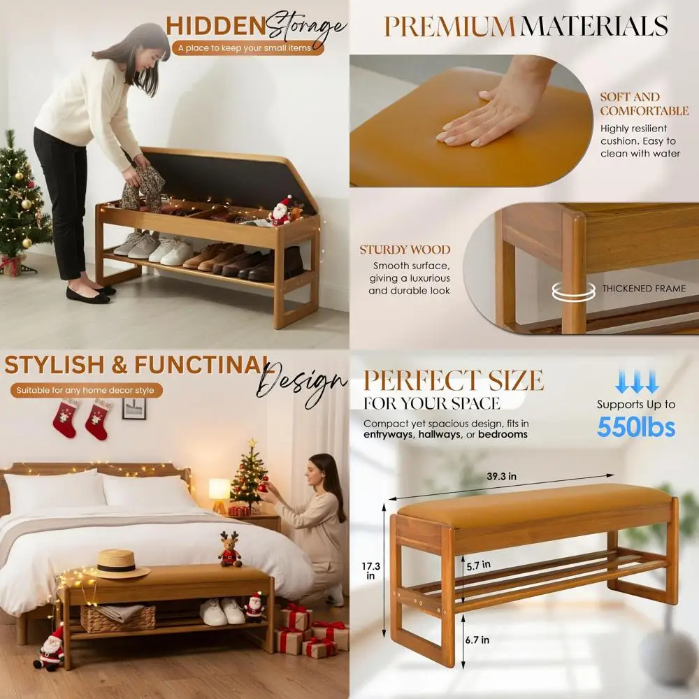 Acacia Wood Shoe Rack Bench with Cushion, 2-Tier Storage, Large 39.4 Entryway Organizer for Peru Color