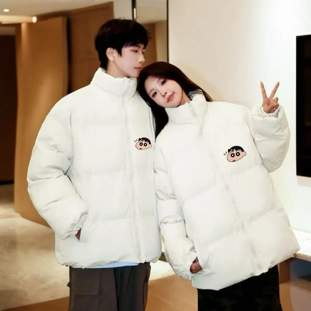 Couple Matching Crayon Shinchan Graphic Padded Jacket Thicken Warm Winter Coat Hip Hop Loose Cute Street Outerwear for Men Women
