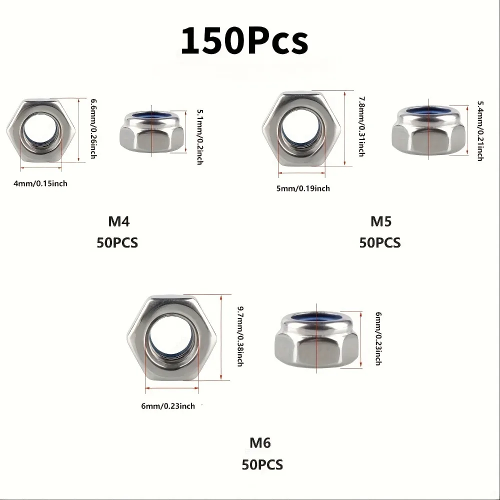 150 Stainless Steel Nylon Embedded Anti-Slip and Anti-Loosening Self-Locking Nuts, Available in M4, M5, and M6.
