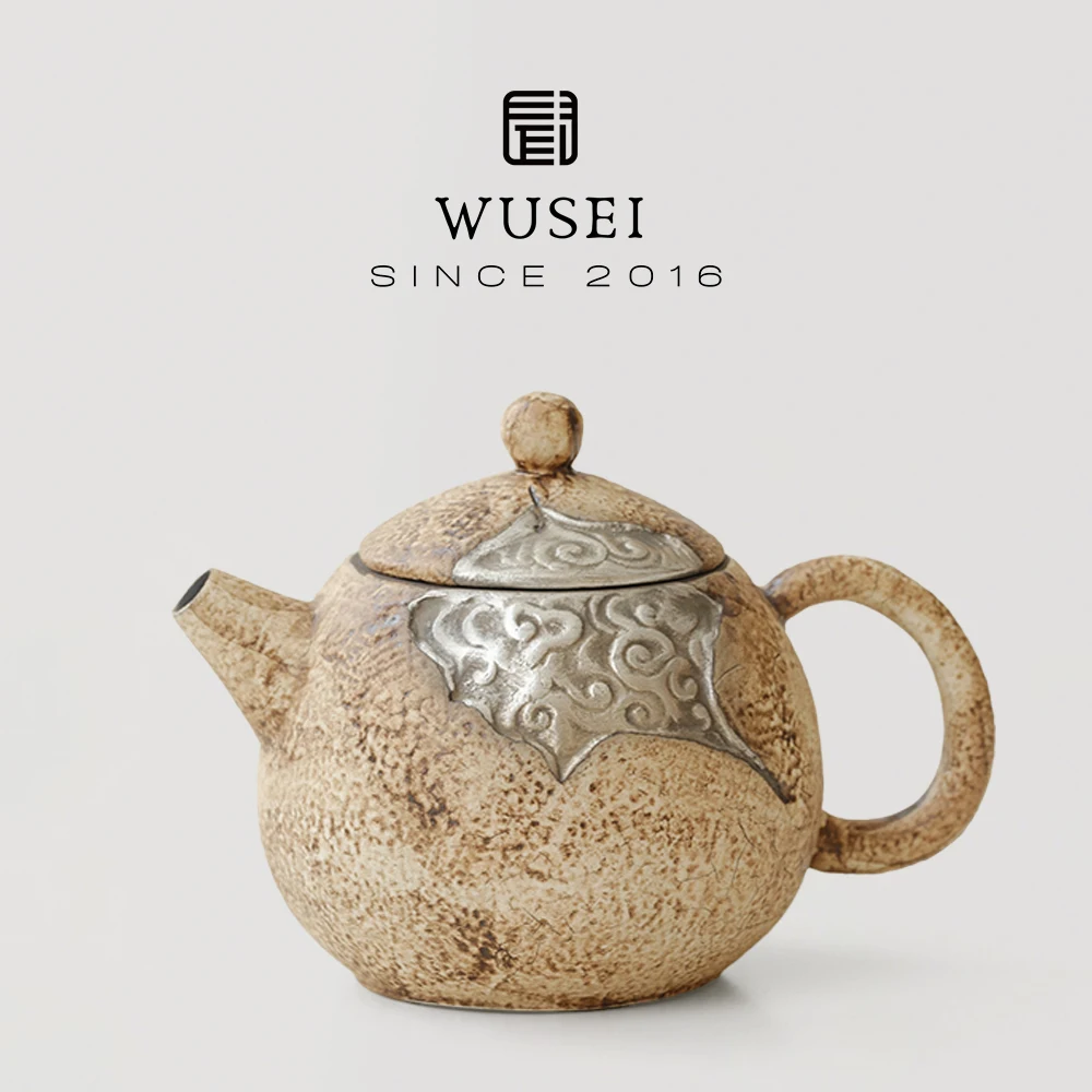 Wusei Retro Stone Texture Clay Tea Pot Silver Plated Dragon Egg Shape Gongfu Tea Set Handmade Texture Non-Heatable Ceramic