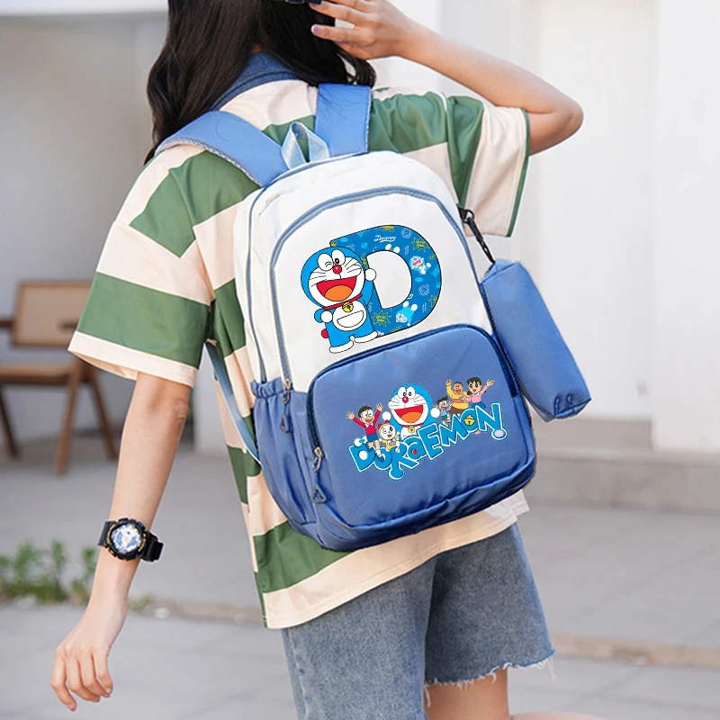 Doraemon Boy Girl School Bag Pencil Case 2pcs Set Student Knapsack Teenager Backpack BookBag Anime 26 Letter Print Rucksack Gift