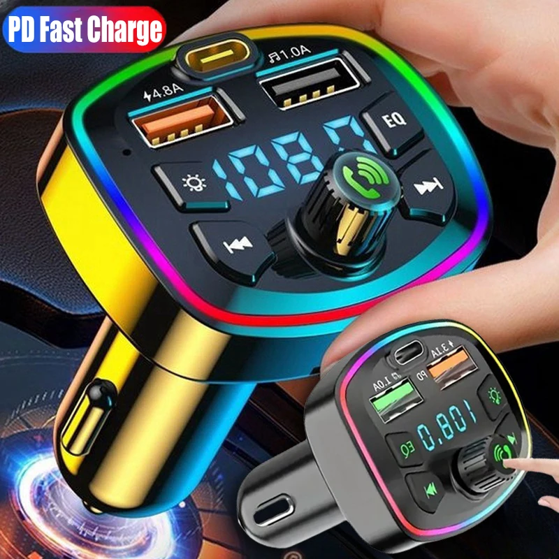 Car Bluetooth 5.0 FM Transmitter PD 18W Type-C Dual USB 4.2A Fast Charger Colorful Ambient Light Cigarette Lighter