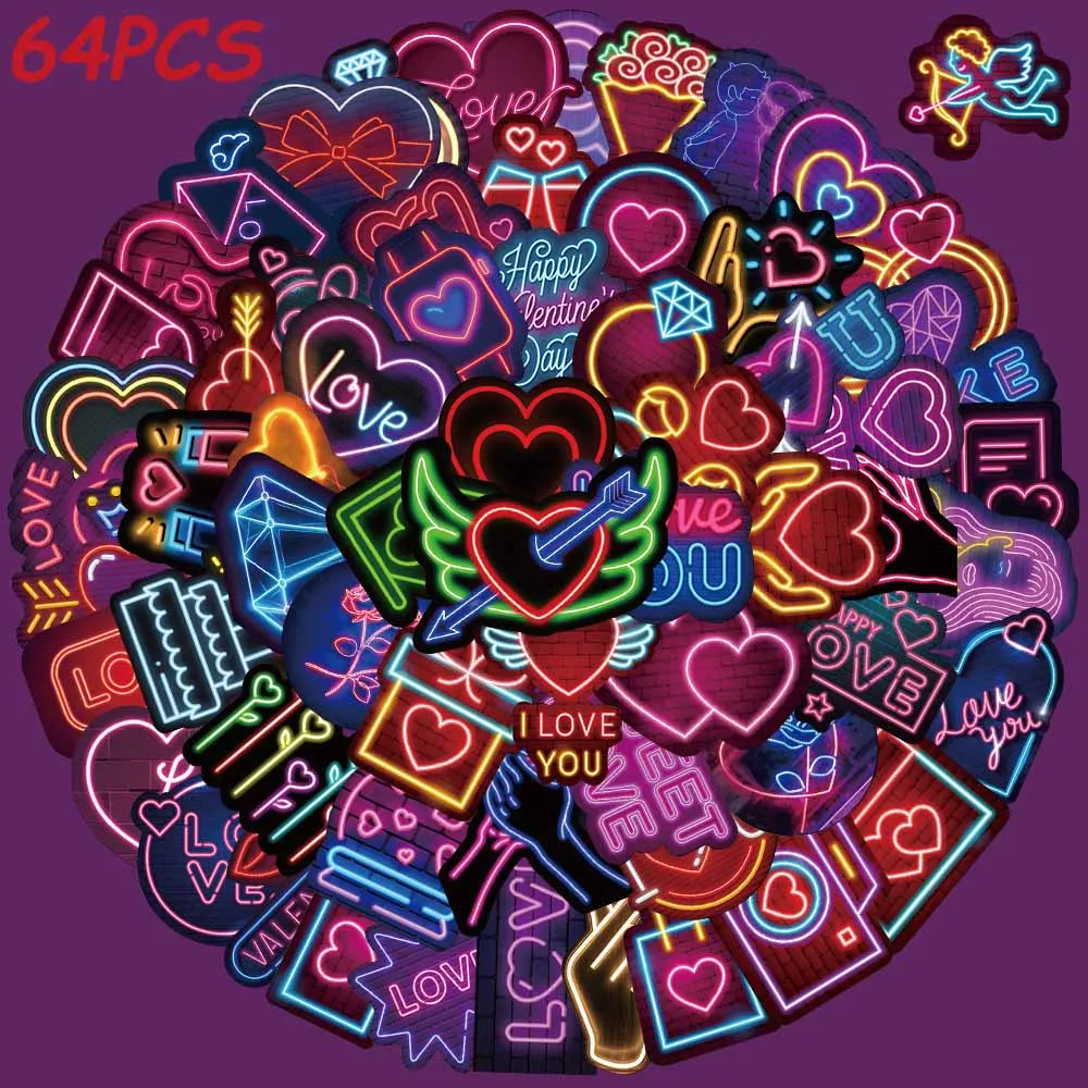 

64pcs Neon Valentine's Day Stickers Funny Cool Graffiti Decals For Laptop Luggage Skateboard Scrapbook Phone Waterproof Stickers