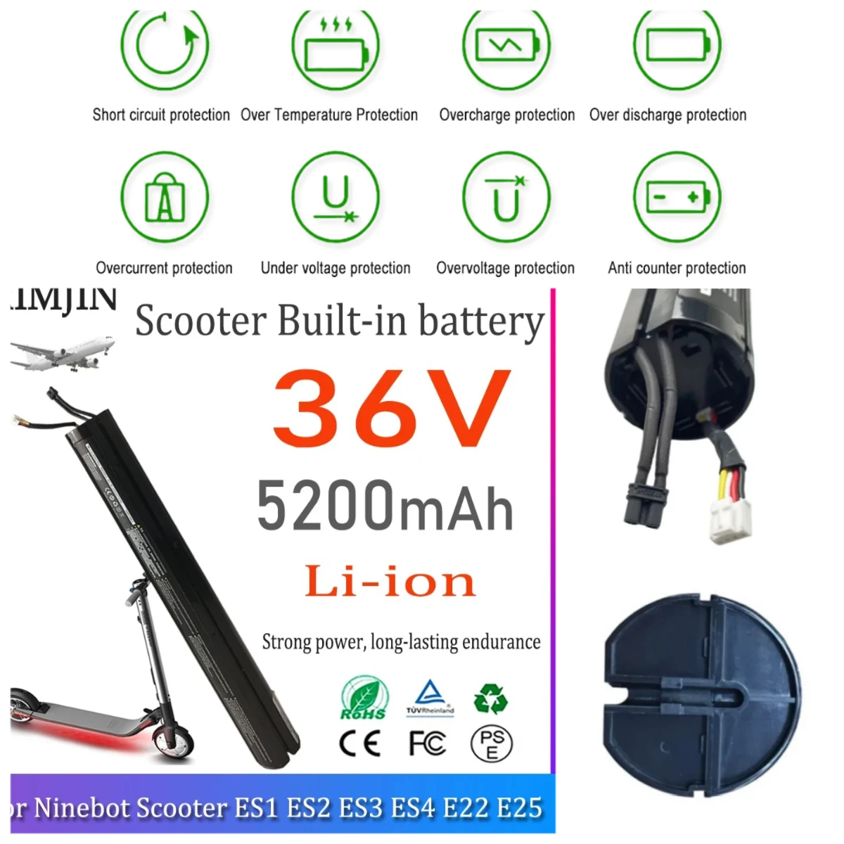 

For Ninebot by Segway Kick Scooter E22E, ES1, ES2, ES4, E22, E25, E45 36V 5200mAH Additional battery