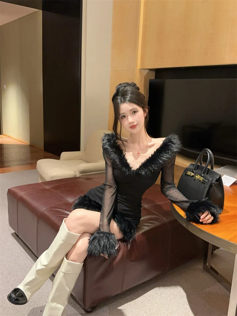 

Сексуальное шикарное платье с длинными рукавами и V-образным вырезом, с завышенной талией, короткая юбка для женщин, для повседневной носки, зимнее модное платье