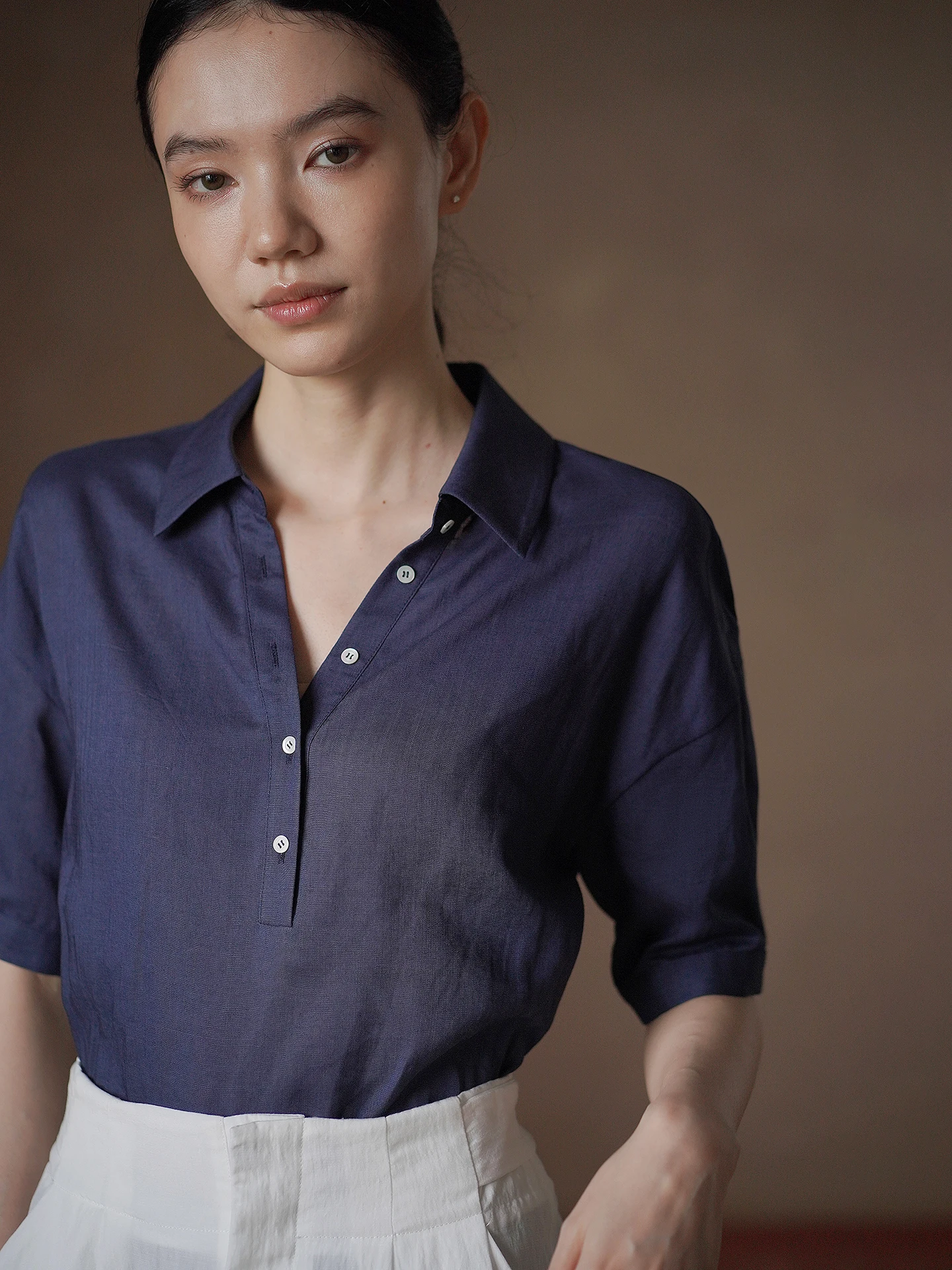 Hacikis Miss Half Open Front Shirt Lenzing Lyocell Hemp Blend Slimming Breathable Comfortable Commute Style Women's T-shirt