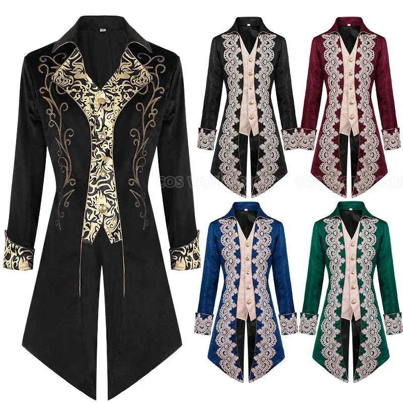 Medieval Gothic Retro Tuxedo Tailcoat Victorian Stand Collar Jacket Halloween Steampunk Coat For Adult Men Renaissance Costumes