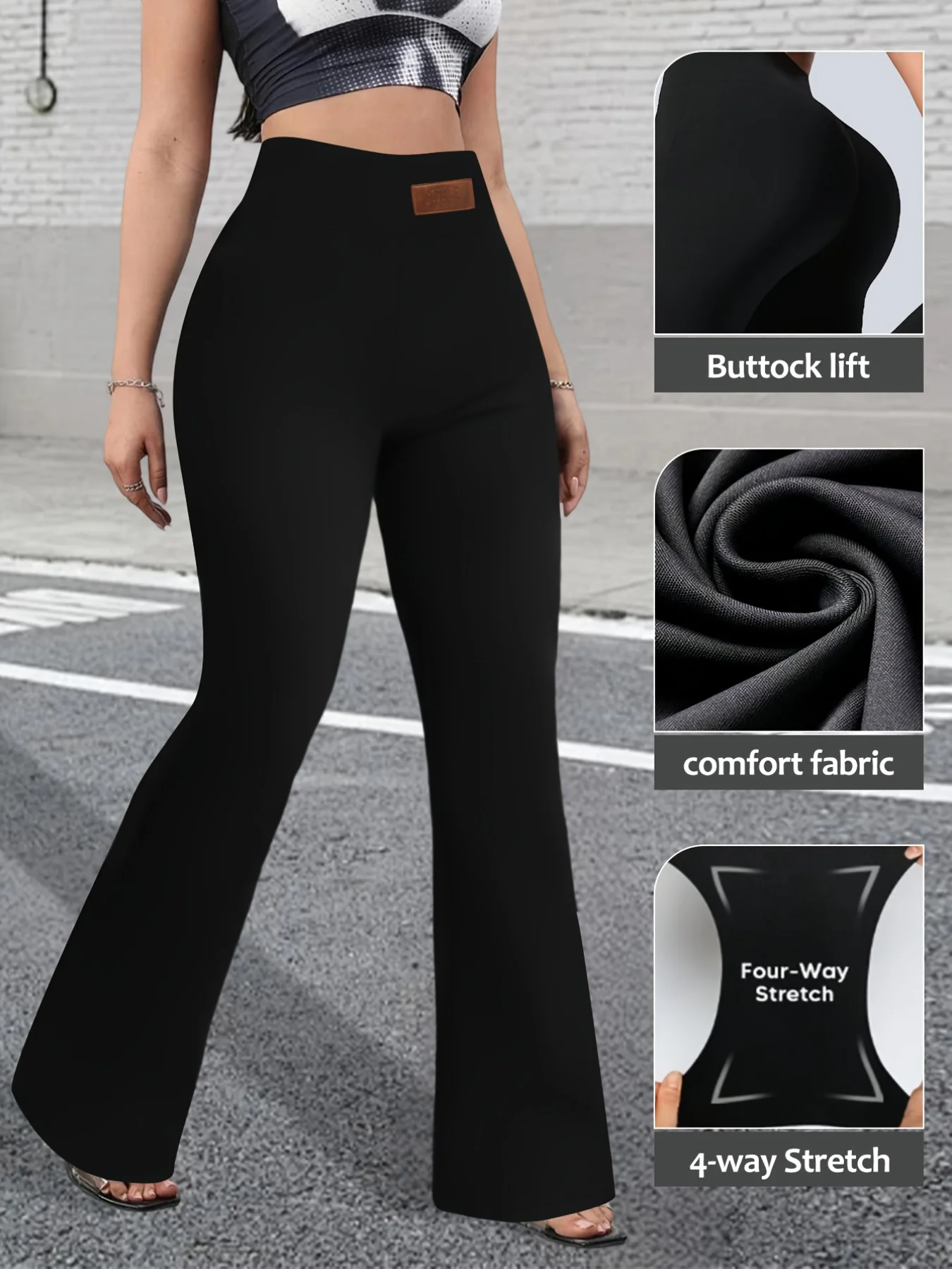 

Hip Lifting Waist Smoothing High Waist Flare Leggings Women Leather Logo Patch 4-Way Stretch Street Casual Commute Trousers Tren