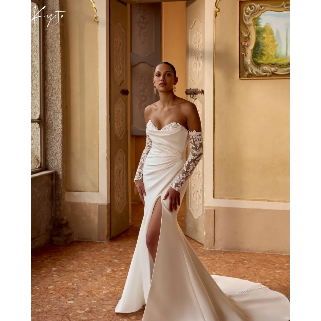 

Kyoto Customized White Lace Long Sleeves Wedding Dress Off The Shoulder Side Slit Vestidos De Noche Lace-Up Court Train Formal