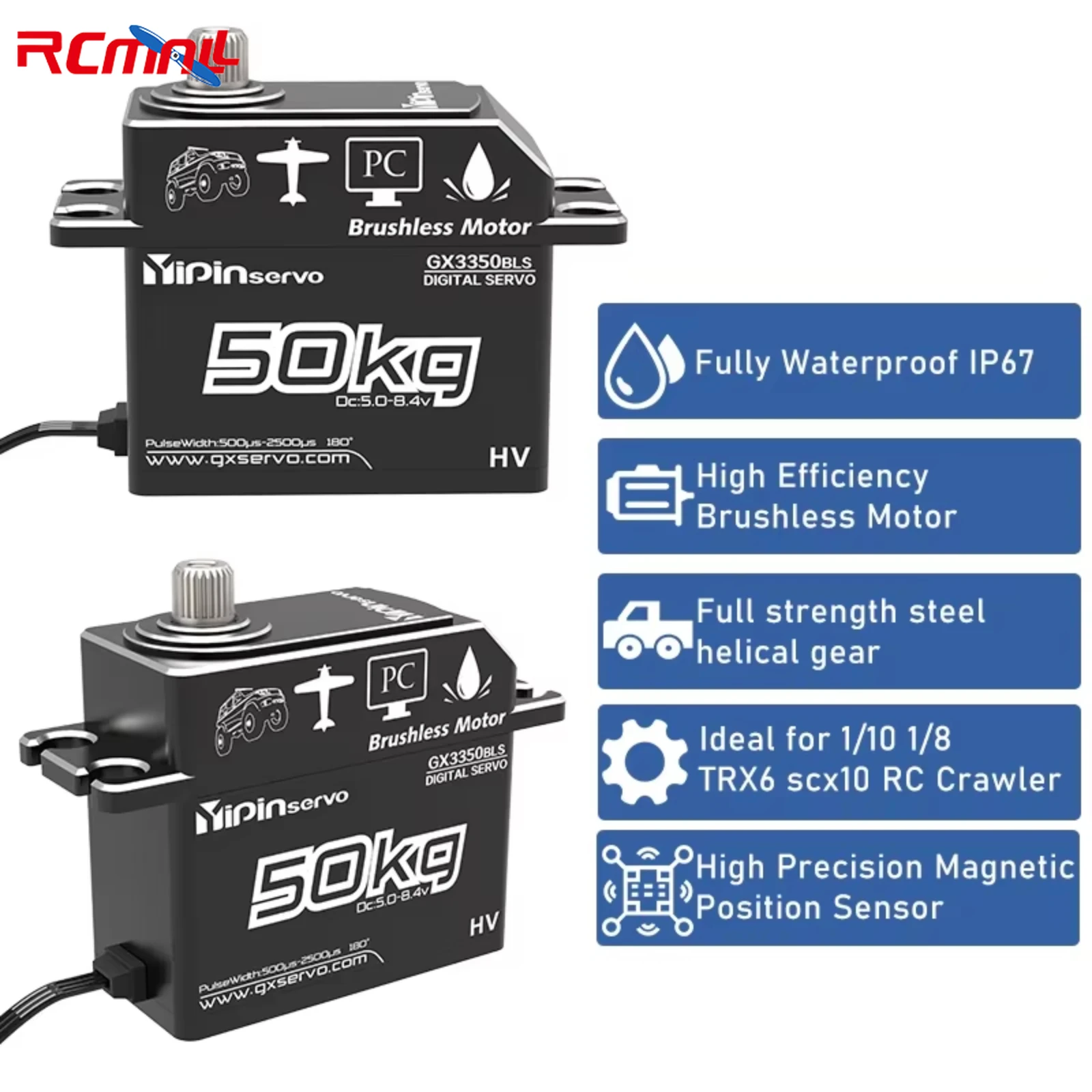 50KG Digital Servo IP67 Waterproof Steering Servo Full Metal Body Steel Gear Brushless Motor for 1/8 1/5 RC Car Crawler Boat