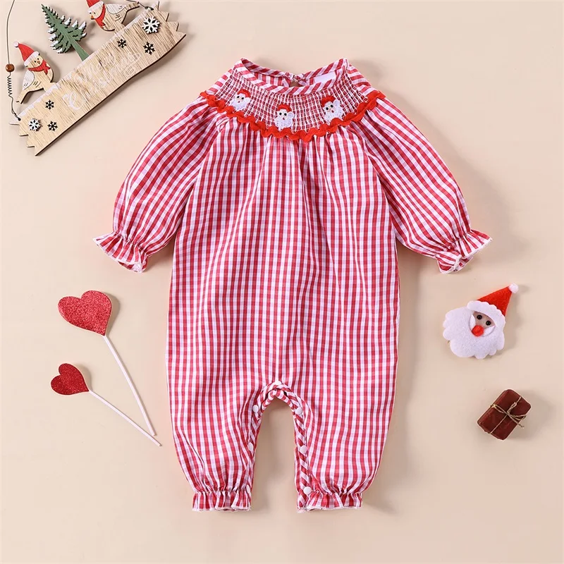 FOCUSNORM 0-18M Autumn Baby Girls Christmas Cute Romper Santa Embroidery Collar Plaid Print Long Sleeve Full Length Jumpsuit